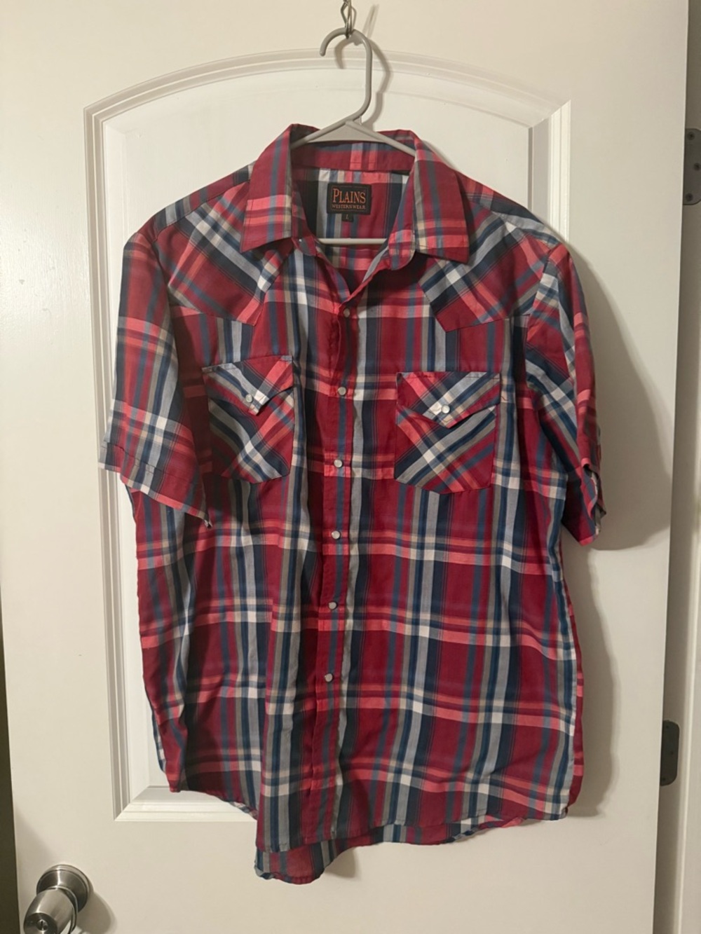 Plains Pearl Snap Red Plaid Short-Sleeve Shirt sz Large L